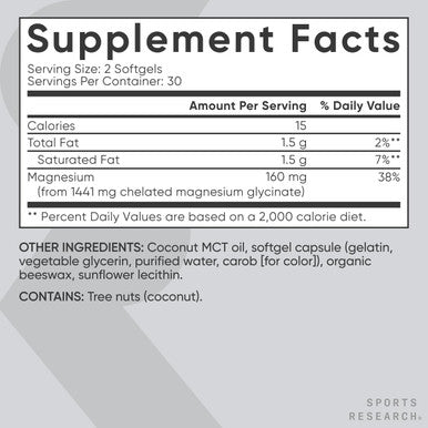 Sports Research Magnesium Glycinate Supports Restful Sleep & Enzymatic Processes 160 mg Chelated Magnesium Liquid Softgel 60 Count