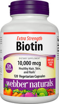 Webber Naturals Extra Strength Biotin 10000 mcg 120 Capsules Supports Healthy Hair Skin Nails Energy Metabolism Vitamin Supplement Gluten NonGMO Suitable for Vegetarians and Vegans