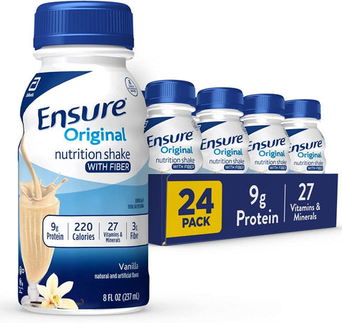 Ensure Original Milk Chocolate Nutrition Shake With Fiber, 24 Pack | Small Meal Replacement Nutritional Drink for Adults, has 9g Protein, 27 Essential Vitamins & Minerals, 3g fiber