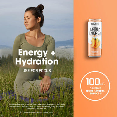 Optimum Nutrition Amino Energy Drink + Electrolytes For Hydration - Sugar Free Amino Acids Bcaa Keto Friendly Sparkling Drink - Peach Bellini Pack Of 12 (Packaging May Vary)