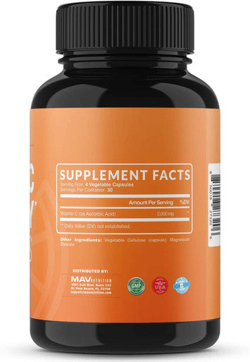 Vitamin C Capsules for Immune Support NonGMO Gluten Vegan Vegetarian Friendly Vitamin C as Ascorbic Acid 500mg per Capsule 2000mg per Serving 1 Pack