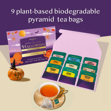 Vahdam Limited Edition Halloween Tea Basket | 9 Premium Variety Pyramid Tea Bags | Halloween s for Women Men and Adults I Tea Set
