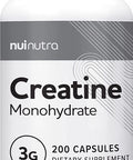 Nui Nutra Creatine Monohydrate Pills | 3G | 200 Capsules | Muscle Mass, Strength, and Performance Improvement for Men and Women | Pre Workout Energy & Post Workout Recovery