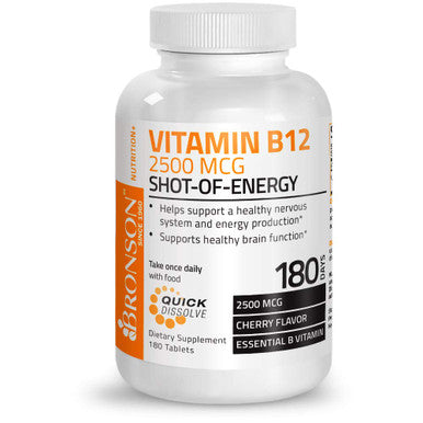 Vitamin B12 2500Mcg Shot Of Energy Fast Dissolve Chewable Tablets - Quick Release Cherry Flavored Sublingual B12 Vitamin - Supports Nervous System, Healthy Brain Function Energy Production 180 Count