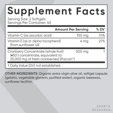 Sports Research Cranberry Fruit Complex Supplement - Softgels For Urinary Tract Health Support - Equal To 25,000Mg Of Cranberries, Made With Pacran & Vitamins C & E - Non-Gmo & Gluten - 90 Count