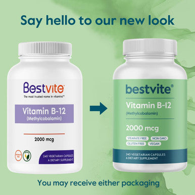 Bestvite Vitamin B12 (Methylcobalamin) 2000mcg (480 Vegetarian Capsules)(2 x 240) (Methyl B12) - No Stearates - Vegan - Non GMO - Gluten