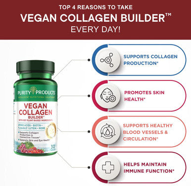 Purity Products Vegan Collagen Builder Organic Whole Foods Fruits Veg Silica Lutein Vitamin C Biotin Grape Seed Amino Acids Glycine Lysine Proline Collagen Boosters Once A Day 30 Tablets
