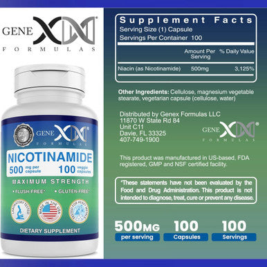Genex Formulas - Nicotinamide 500Mg Vitamin B3 Flush Niacin Capsules For Healthy Skin - Niacinamide Supplement Pills Help Produce Keratin & Support Skin Cell Health & Energy - (100 Capsules)