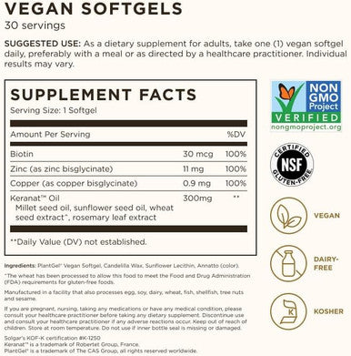 Solgar Hair Growth Age-Defying Nutrition For Men & WomenÃƒÂ¢Ã¢â€šÂ¬Ã¢â‚¬ÂThicker Fuller Hair Growth With Keranat Oil, Biotin, Zinc And Copper - One Softgel Daily, Vegan, Dairy, Soy And Gluten Free, 30 Servings