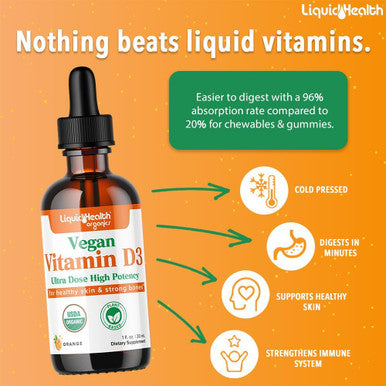 Liquidhealth Liquid Vitamin D3 5000 IU Organic Vitamin D Liquid Drops Adults & Kids Vegan Liquid Vitamin D for Immune Support Bone Health Mood Support