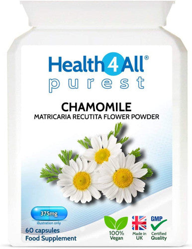 Chamomile 375mg 60 Capsules (V) .(not Tablets) Purest- no additives, Vegan Capsules for Anxiety, Stress, Sleep and Digestive Health. Made in The UK by Health4All
