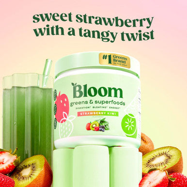Bloom Nutrition Superfood Greens Powder Digestive Enzymes with Probiotics and Prebiotics Gut Health Bloating Relief Strawberry Kiwi + Milk Frother High Powered Hand Mixer