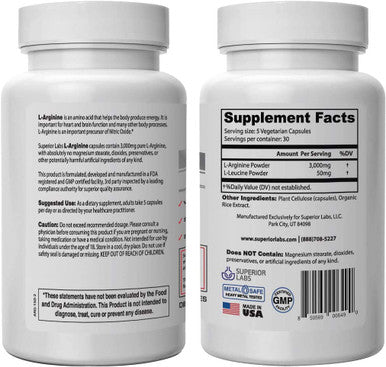 Superior Labs Pure LArginine Free Form Optimal 3000mg Dosage 150 Vegetable Capsules Supports Vasodilation Energy Production and Cardiovascular Health