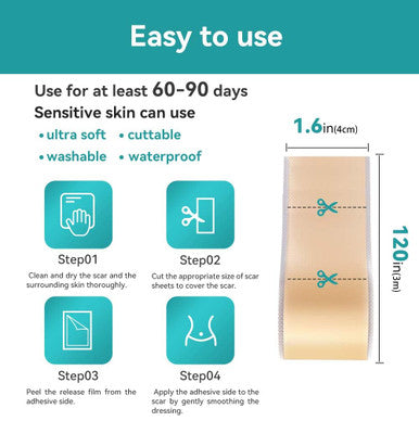 Dimora Waterproof Silicone Scar Sheets - Medical Grade Silicone Scar Tape (1.6 X120" Roll), Ultra-Thin Scar Removal Treatment For Surgical Scars, C Section, Tummy Tuck, Keloid Treatment