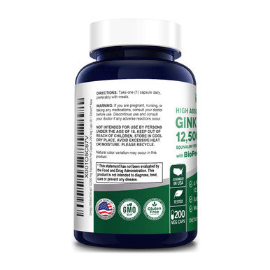 NusaPure Ginkgo Biloba Extract 12,500mg Equivalent Per Veggie Caps 200 Capsules (Vegetarian,Non-GMO, & Extract 50:1). Bioperine
