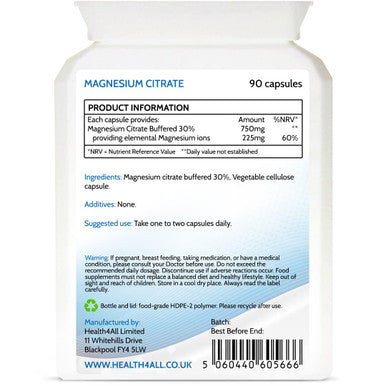 Health4All Magnesium Citrate 750mg 90 Capsules (V) (225mg Elemental Magnesium) Purest
