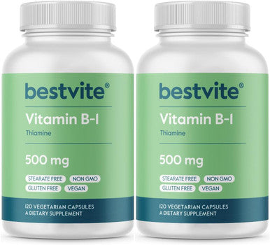 Bestvite Vitamin B-1 (Thiamin) 500mg (240 Vegetarian Capsules) (2 x120) - No Stearates - Vegan - No Calcium Carbonate - Non GMO - Gluten - No Silicon Dioxide