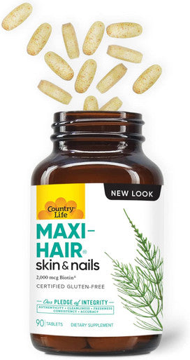 Country Life Maxi-Hair Supplement - 2000Mcg Biotin & Vitamins For Hair, Skin & Nails - Certified Gluten-& Vegetarian - Supports Hair Growth, 90 Tablets