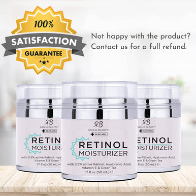 Radha Beauty Moisturizing Miracle Retinol Cream for Face with 2.5 Retinol Hyaluronic Acid Vitamin E and Green Tea. Best Night and Day AntiAging Wrinkle Cream 1.7 fl oz.