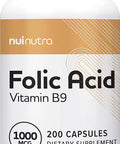 Nui Nutra Folic Acid Supplement | 1000mcg | 1mg | 200 Capsules | Nervous & Cardiovascular System Support | Essential Vitamin for Women | Development and Brain Support | Vitamin B9 | Acido Folico