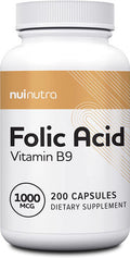 Nui Nutra Folic Acid Supplement | 1000mcg | 1mg | 200 Capsules | Nervous & Cardiovascular System Support | Essential Vitamin for Women | Development and Brain Support | Vitamin B9 | Acido Folico