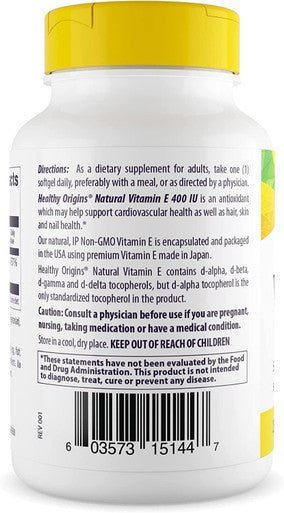 Healthy Origins Natural Vitamin E 400iu 180 Softgels | E-400 iu as d-alpha Tocopherol plus Tocopherols | Maintenance of the Immune System, Normal Vision and Skin | Protects Cells from Oxidative Stress