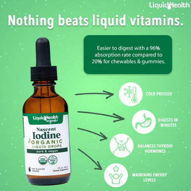 Liquidhealth Nascent Iodine Organic Liquid Liquid Iodine Drops Pure Iodine Supplement Thyroid Support & Immune Support Energy Supplement USDA Organic Vegan Colorless Tasteless Tincture