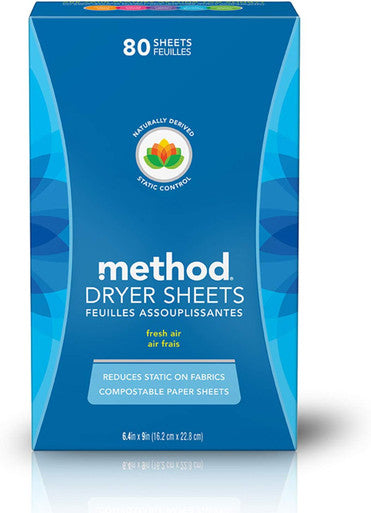 Method Dryer Sheets Fresh Air Fabric Softener and Static Reducer Compostable and Plant-Based Laundry Essentials 80 Count (Pack of 1)