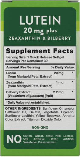 Nature's Truth Lutein 20 mg plus Zeaxanthin & Bilberry Quick Release Softgels - 39 ct, Pack of 3