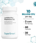 Supersmart Lactobacillus Rhamnosus GG 100 mg Per Day 10 Billion CFU Probiotic Strain Supplement Support Healthy Intestinal Vaginal Flora NonGMO Gluten Free 60 DR Capsules