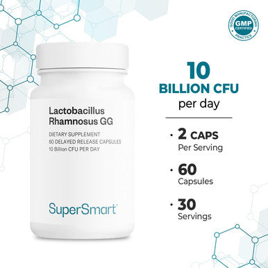 Supersmart Lactobacillus Rhamnosus GG 100 mg Per Day 10 Billion CFU Probiotic Strain Supplement Support Healthy Intestinal Vaginal Flora NonGMO Gluten Free 60 DR Capsules