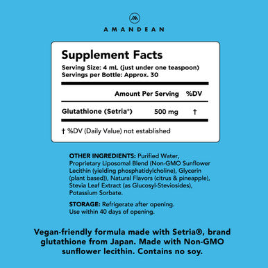 Amandean Liposomal Glutathione Liquid | Reduced Setria L Glutathione 500mg Supplement | Immune Support, Brain Health, Healthy Aging, Detox, Skin Health | Non-GMO Sunflower Lecithin | Soy-Free & Vegan