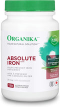 Organika Absolute Iron- Iron Bisglycinate- High Availability, Gentle On Stomach, Boost Iron Levels- Beneficial For Women And Vegetarians- 120Vcaps