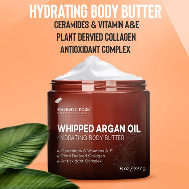MAJESTIC PURE Whipped Argan Oil Body Butter for Women & Men - With Ceramides, Vitamin E & A & Vegan Collagen - Whipped Body Butter Argan Oil For Skin, Face, & Appearance of Wrinkles & Fine Lines - 8oz