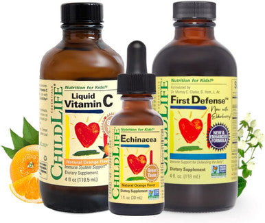 ChildLife Essentials Immune Support Bundle - Contains Liquid Echinacea, First Defense & Vitamin C - Immune Booster for Kids, All-Natural, Allergen-Free - Natural Orange Flavor, 1 Oz Bottle (Pack of 3)