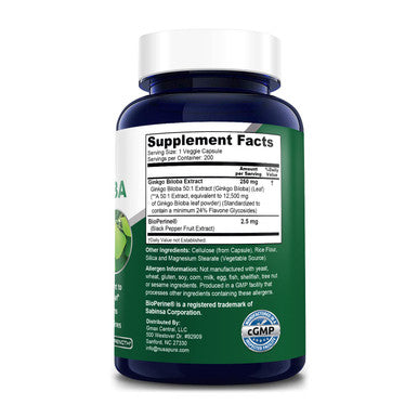 NusaPure Ginkgo Biloba Extract 12,500mg Equivalent Per Veggie Caps 200 Capsules (Vegetarian,Non-GMO, & Extract 50:1). Bioperine