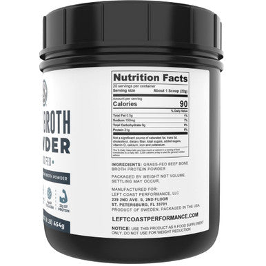 Left Coast Performance Bone Broth Protein Powder From Grass Fed Beef - Unflavored Single Ingredient - Rich in Collagen Glucosamine Gelatin Paleo Protein Powder Gut-Friendly Non-GMO Ingredients Dairy-Free Protein 16oz