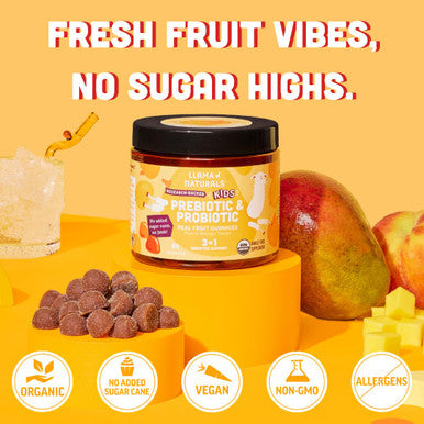 Llama Naturals Kids Probiotic with Prebiotic Fiber Vegan Organic Prebiotics and Probiotics Gummies for Gut Health Support Toddler Real Fruit Gummy Vitamins No Added Sugar Cane Peach Mango 60 Ct