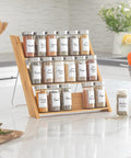 18 Jar Bamboo Compact Spice Rack with Spices Included & 5-Year Free Spice Refill Program for Countertop or Kitchen Drawer with Glass Jars