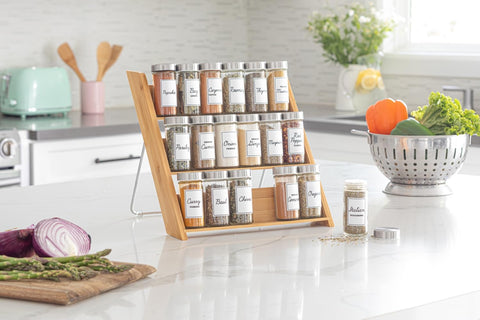 18 Jar Bamboo Compact Spice Rack with Spices Included & 5-Year Free Spice Refill Program for Countertop or Kitchen Drawer with Glass Jars