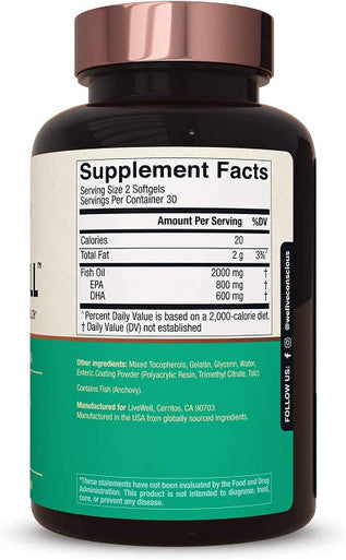 OmegaWell Omega 3 Fish Oil - 2000mg Capsules: Heart, Brain, & Joint Support - 800 mg EPA 600 mg DHA - w/ Natural Lemon Oil, Sustainably Sourced - Omega 3 Fish Oil Mini Softgels - 30 Day Supply