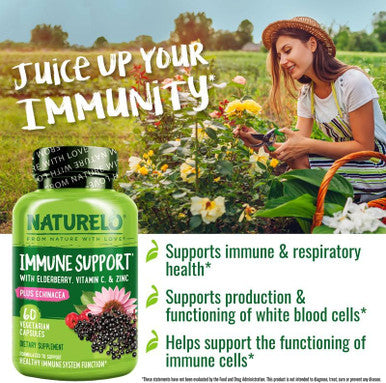 Naturelo Immune Support Vitamin C, Elderberry, Zinc, Echinacea Natural Immunity Boost W/Antioxidant, Herbal & Mineral Defense - 60 Vegan Capsules