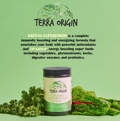 Terra Origin Superfoods Greens Immune Defense And Digestive Support | Probiotics, Organic Vegetables, Digestive Enzymes | Non-Gmo, Gluten-, Dairy , Vegan | 30 Servings | Coffee Flavor