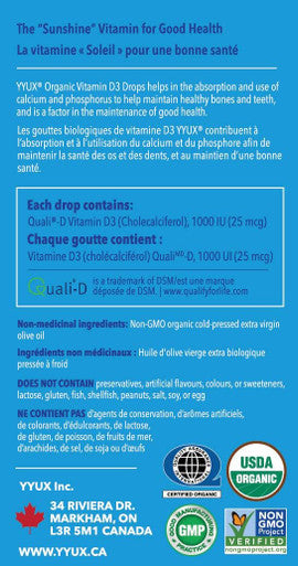 YYUX Certified Organic D3 Drops 1000 IU - Non-GMO Project Verified For Strong Bones, Teeth & Good Health - 180 Drops, 6 Months Supply