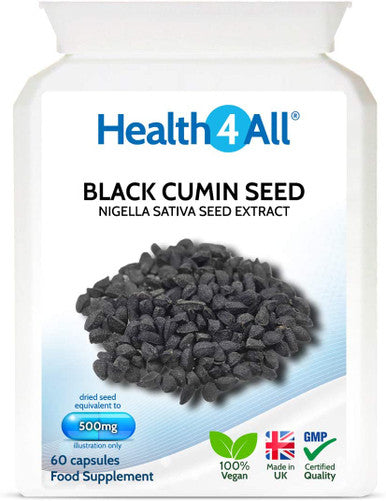 Black Cumin Seed 500mg 60 Capsules (V) (not Tablets) Nigella Sativa Vegan Immune Support Supplement. Made in The UK by Health4All.