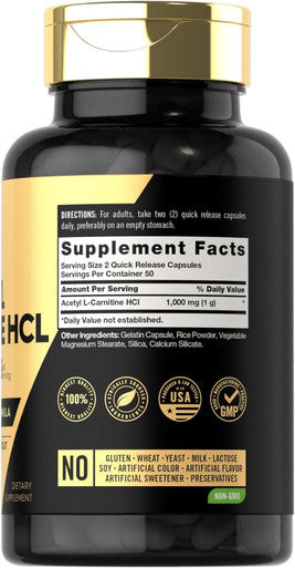Carlyle Acetyl L-Carnitine HCL Capsules| 1000mg | 100 Count | Non-GMO and Gluten Supplement