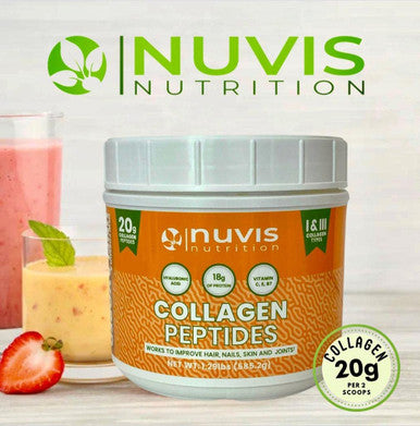 Nuvis Nutrition Collagen Peptides Powder Types I III. 28 Serving. Source Protein with Hyaluronic Acid Vitamins C E and Biotin Pasture Raised Grass Fed unflavored.