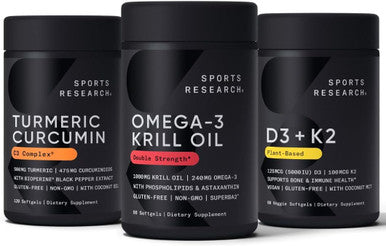 Sports Research Antarctic Krill Oil Omega 3 1000Mg (With Phospholipids Choline & Astaxanthin) Turmeric Curcumin C3 Complex (With Bioperine Black Pepper & Coconut Oil) & Plant Based Vitamin D3 + K2
