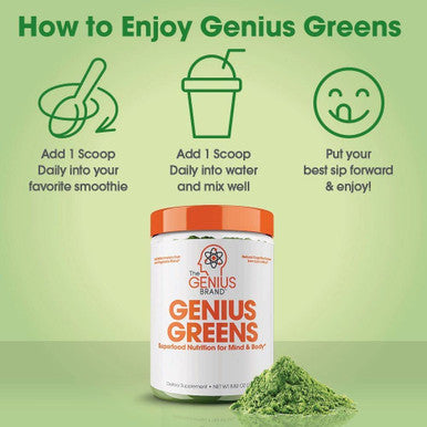 Genius Super Greens Powder Nootropic Supplement Organic Spirulina Powder w/ Lions Mane Kale and Antioxidants Amazing Green Superfood Juice Smoothie Mix For Energy Immunity Booster Vibrance