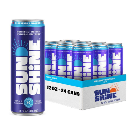 Sunshine Sparkling Energy Drink, Ginger Berry with Daily Essential Vitamins, 360mg of Electrolytes, 70mg of Natural Caffeine, 12 Fl Oz (Pack of 12)